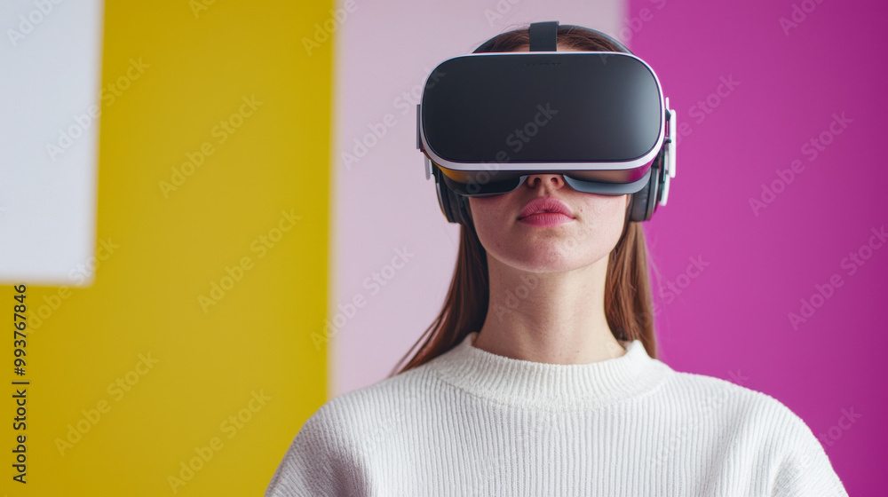 Immersed in virtual world, woman wears VR headset, showcasing fusion of technology and human experience. vibrant background enhances futuristic vibe Immersed in virtual world, woman wears VR headset, showcasing fusion of technology and human experience. vibrant background enhances futuristic vibe