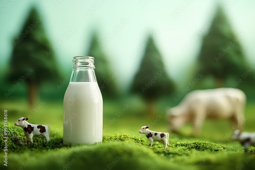 Miniature food photography of a milk bottle on a green background with trees and cows. Miniature food photography of a milk bottle on a green background with trees and cows.