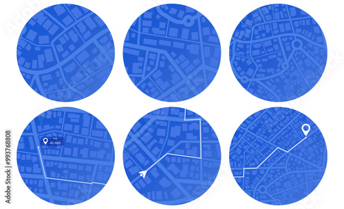 Set of Gps map navigation. View from above map buildings. Detailed view of city. Abstract background. Flat style, Vector, illustration isolated
