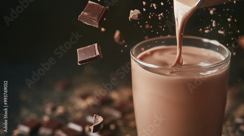 Close up of a glass of chocolate milk being poured, with chocolate pieces falling, on a brown background