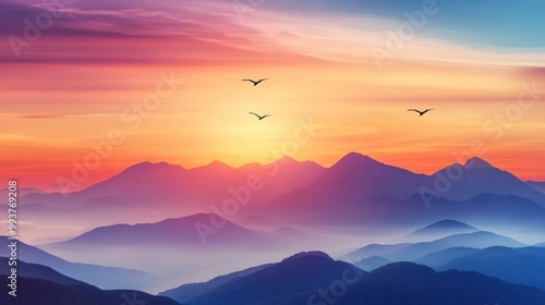 view on the mountains at sunset with birds flying in the sky. Ai generated image