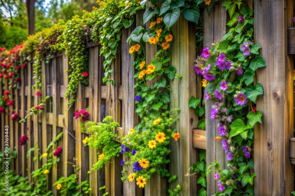 Wooden fence covered in green vines and colorful flowers Wooden fence covered in green vines and colorful flowers