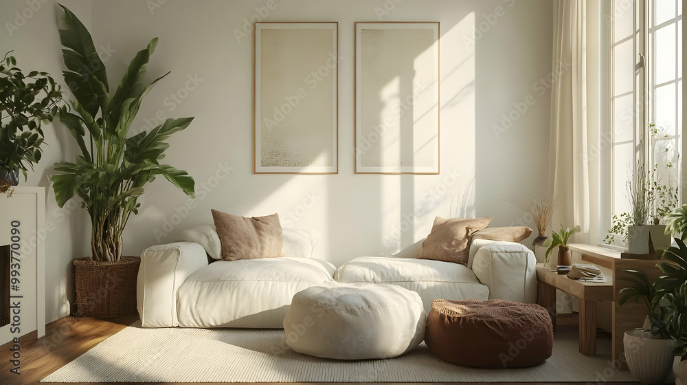 Modern Minimalist Living Room with Natural Light 3D Illustration Modern Minimalist Living Room with Natural Light 3D Illustration