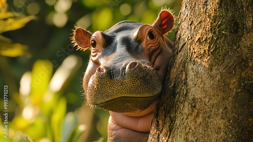 Hippo playing hideandseek behind a tree, peeking out with a mischievous grin, bright forest scene, closeup shot photo