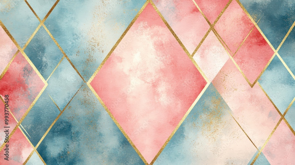 Retro harlequin wallpaper pattern with pink, turquoise, and gold foil Retro harlequin wallpaper pattern with pink, turquoise, and gold foil