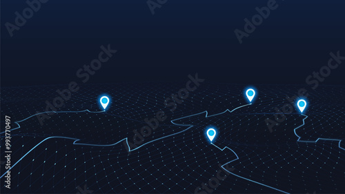 3D digital graphic of cityscape with location pins on dark, hilly terrain. Background concept wavy backdrop with particles dots. Vector illustration