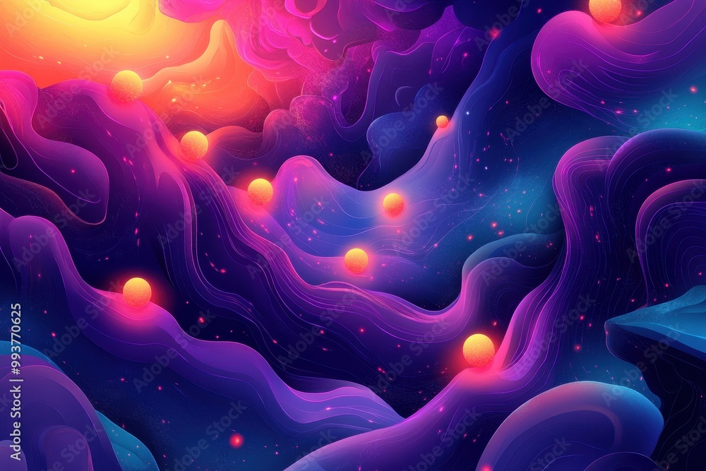 Obraz premium Abstract Landscape with Glowing Spheres and Swirling Colors