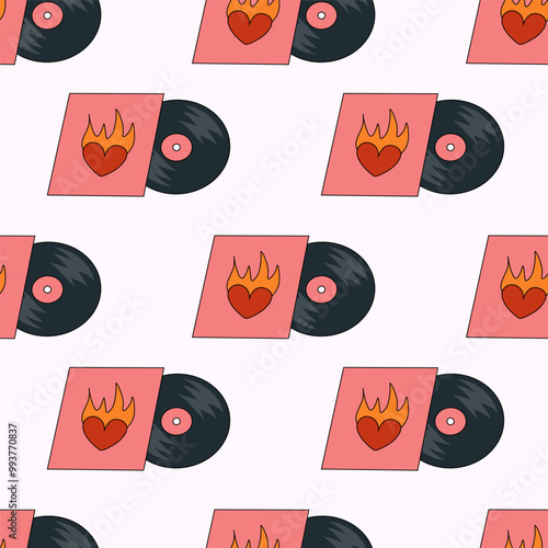 Seamless Pattern. Vinyl record with heart and flame design cover. LP or long play music disc. DJ equipment for disco party background. Discotheque nostalgia concept. Vector flat illustration.