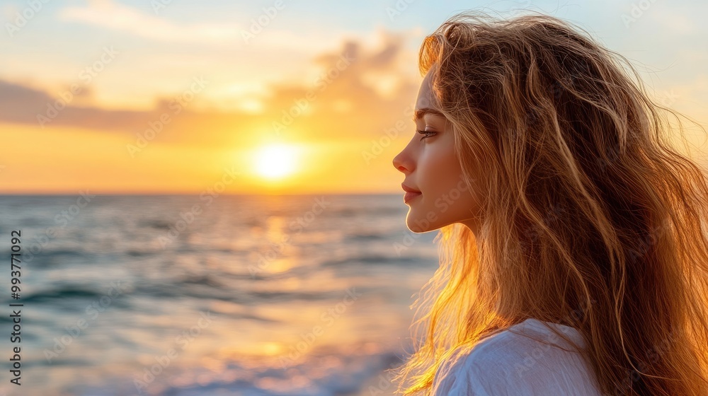 Serene Woman Watching Sunset by the Ocean Serene Woman Watching Sunset by the Ocean