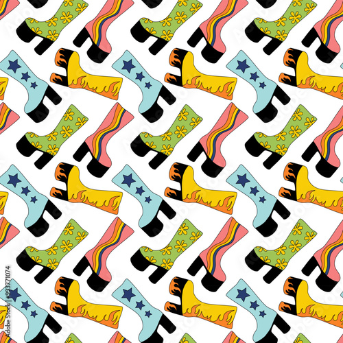 Seamless Pattern. Trendy 1980 retro disco high heel boots with different design. Vintage shoe. Vector flat illustration.