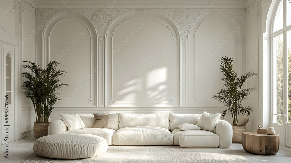 White Sofa in Modern Living Room with Arched Wall, 3D Illustration White Sofa in Modern Living Room with Arched Wall, 3D Illustration