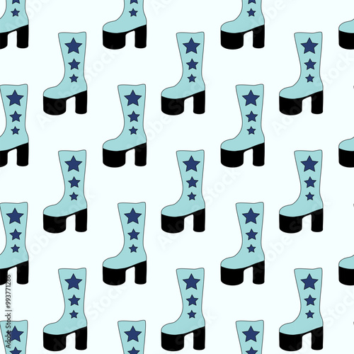 Seamless Pattern. Trendy 1980 retro blue disco boot with stars design. Vintage shoe. Vector flat illustration.