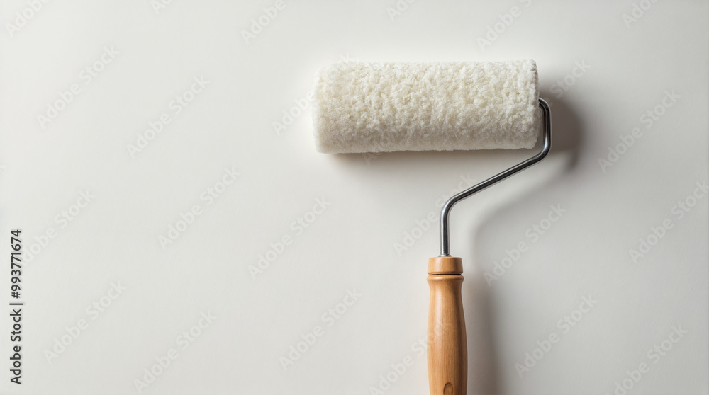 Obraz premium Paintbrush with a Roll of White Wallpaper on a Wall.
