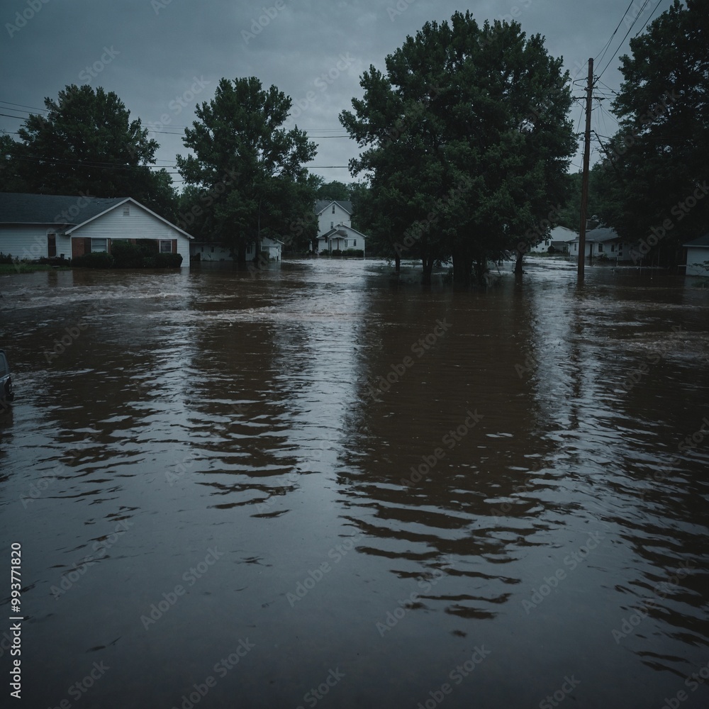 Fototapeta premium City streets turned into rivers after severe rainstorm with vehicles and infrastructure submerged