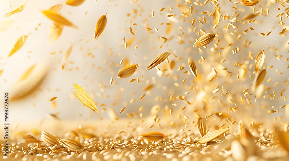 Obraz premium Golden oat grains falling and scattered on a surface.