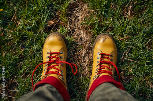 View from above of boots walking on an autumn path. Fall season, first person perspective. AI Generated