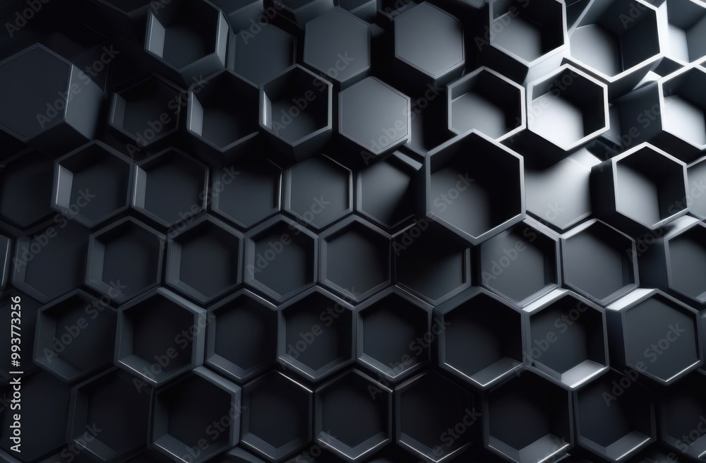 Abstract hexagon geometry background. 3d render of simple primitives with six angles in front. Dark lighting Abstract hexagon geometry background. 3d render of simple primitives with six angles in front. Dark lighting