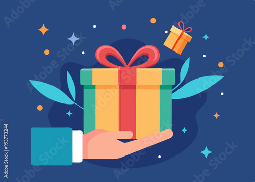 Gift reward program, bonus or surprise present for customer, employee reward or lucky prize, birthday gift box or festive incentive, special loyalty program concept, hand giving gift box with ribbon.