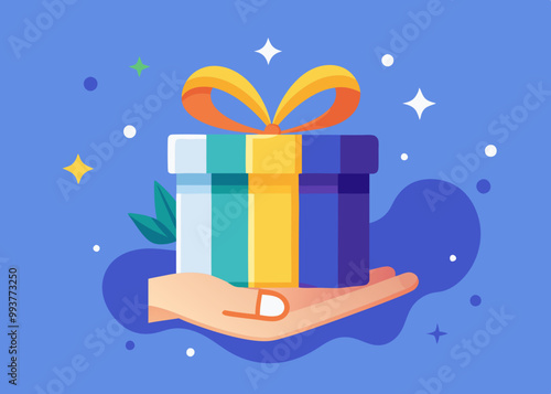 Gift reward program, bonus or surprise present for customer, employee reward or lucky prize, birthday gift box or festive incentive, special loyalty program concept, hand giving gift box with ribbon.