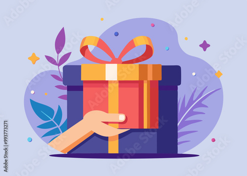 Gift reward program, bonus or surprise present for customer, employee reward or lucky prize, birthday gift box or festive incentive, special loyalty program concept, hand giving gift box with ribbon.