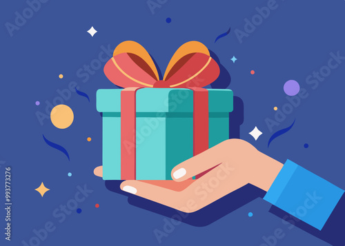 Gift reward program, bonus or surprise present for customer, employee reward or lucky prize, birthday gift box or festive incentive, special loyalty program concept, hand giving gift box with ribbon.