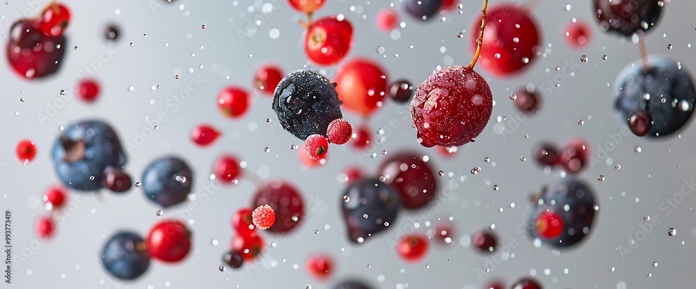 Fresh berries falling in water droplets on a grey background. Fresh berries falling in water droplets on a grey background.