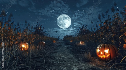 A spooky path through a field of corn stalks, lit by jack-o-lanterns under a full moon.