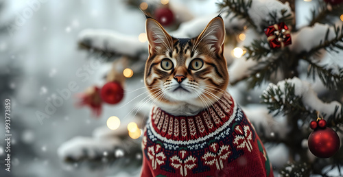 Cat in festive sweater sitting under christmas tree on snowy background, studio shot with sharp details suitable for album covers, editorial photography.