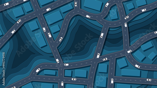Traffic intersection from top view with cars. Concept vehicle with road and crossroad. Generic city map with signs of streets, roads. Abstract navigation plan of small urban area. Vector illustration