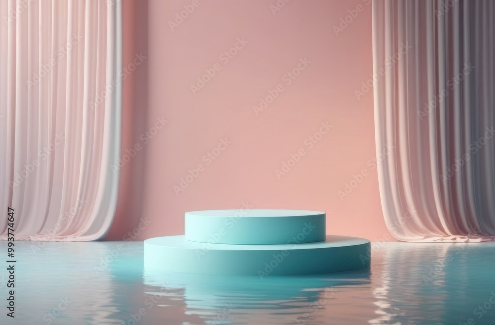 3d render abstract platform podium on water and waving curtains. Realistic pastel mock-up for products promotion. Abstract modern minimal background with emty podium. 3d render abstract platform podium on water and waving curtains. Realistic pastel mock-up for products promotion. Abstract modern minimal background with emty podium.