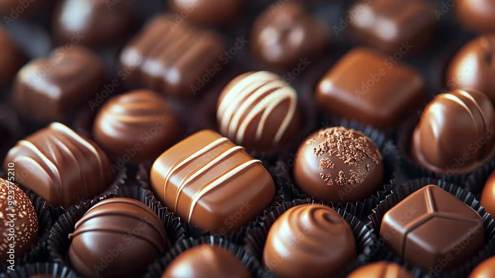 A close-up view of a box of assorted chocolates, featuring various shapes, sizes, and toppings A close-up view of a box of assorted chocolates, featuring various shapes, sizes, and toppings