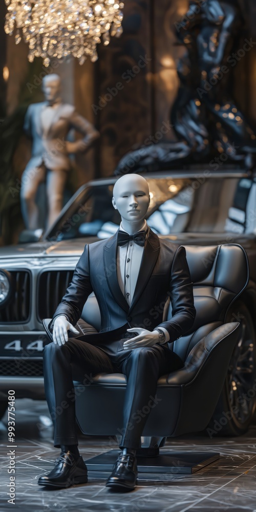 Elegant mannequin wearing suit sitting in luxury car dealership Elegant mannequin wearing suit sitting in luxury car dealership