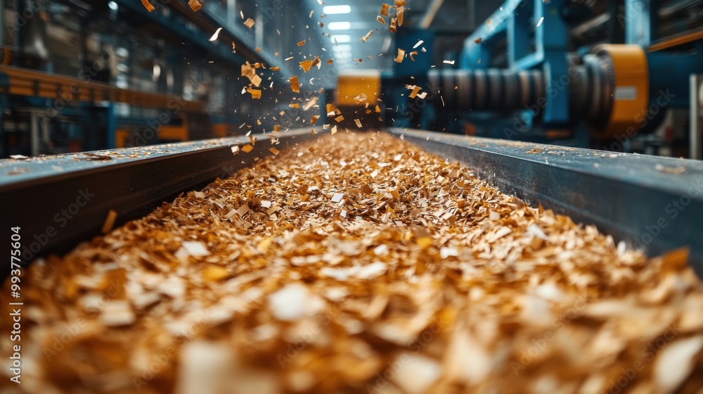 Wood Chips Falling on a Conveyor Belt in a Factory Wood Chips Falling on a Conveyor Belt in a Factory