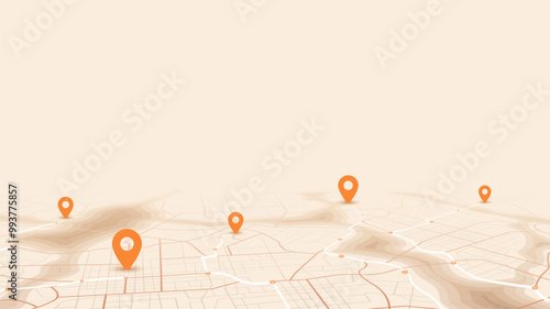 GPS navigation to pins and multiple markers on route. City map featuring directional signs, an intended goal point. Abstract plan highlights POI city streets. Vector illustration with designated route