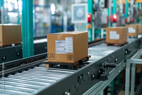 Cardboard boxes moving on conveyor belt in distribution warehouse