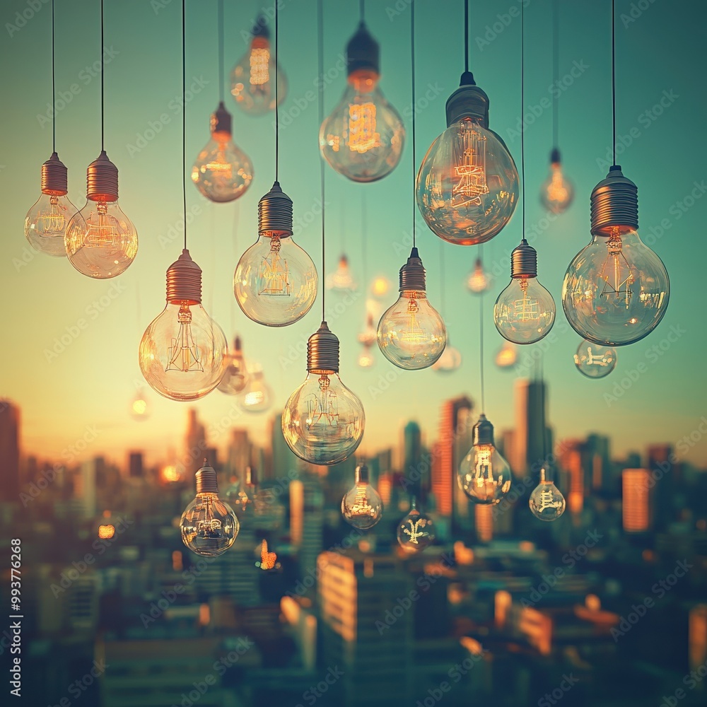 Abstract Floating Lightbulbs Over Cityscape Abstract Floating Lightbulbs Over Cityscape