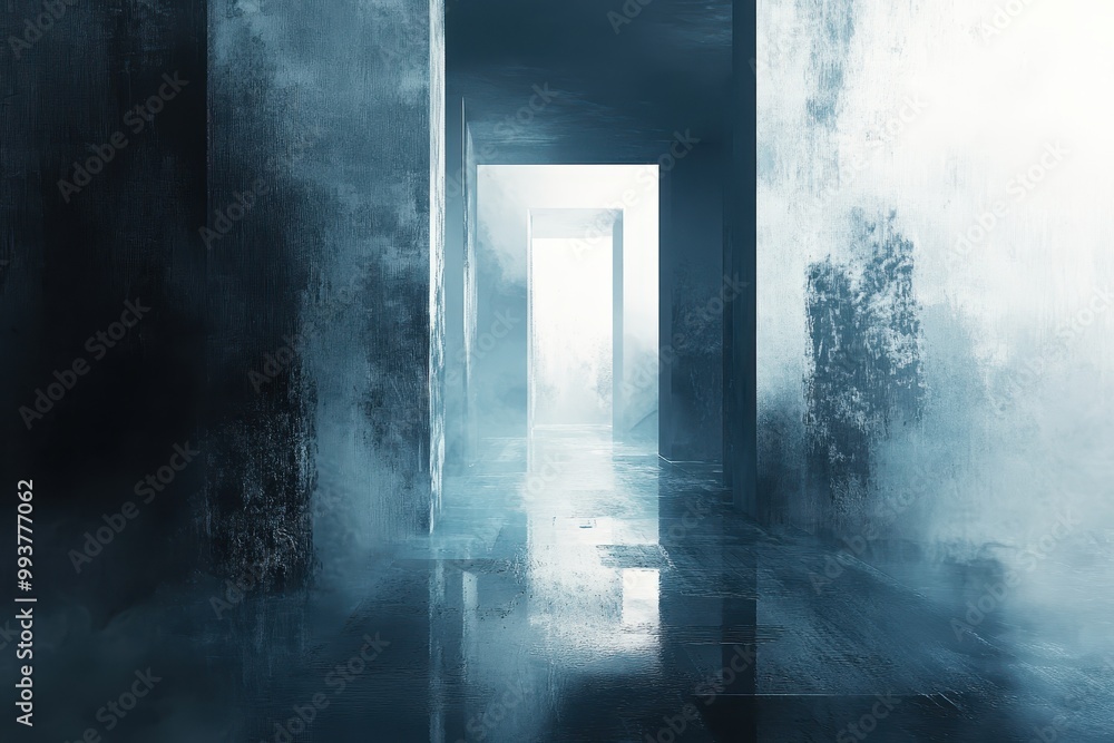 Foggy Concrete Corridor with Wet Floor and Light at the End Foggy Concrete Corridor with Wet Floor and Light at the End