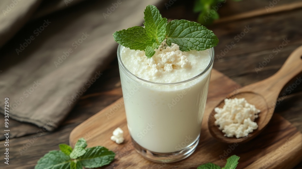 close-up of a glass of white kefir that has been enhanced with mint leaves. A wooden spoonful of kefir ferments on the cutting board.
close-up of a glass of white kefir that has been enhanced with mint leaves. A wooden spoonful of kefir ferments on the cutting board.