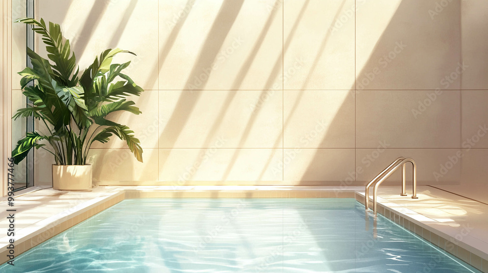 Fototapeta premium Illustration of a swimming pool against a light beige wall and sun reflection