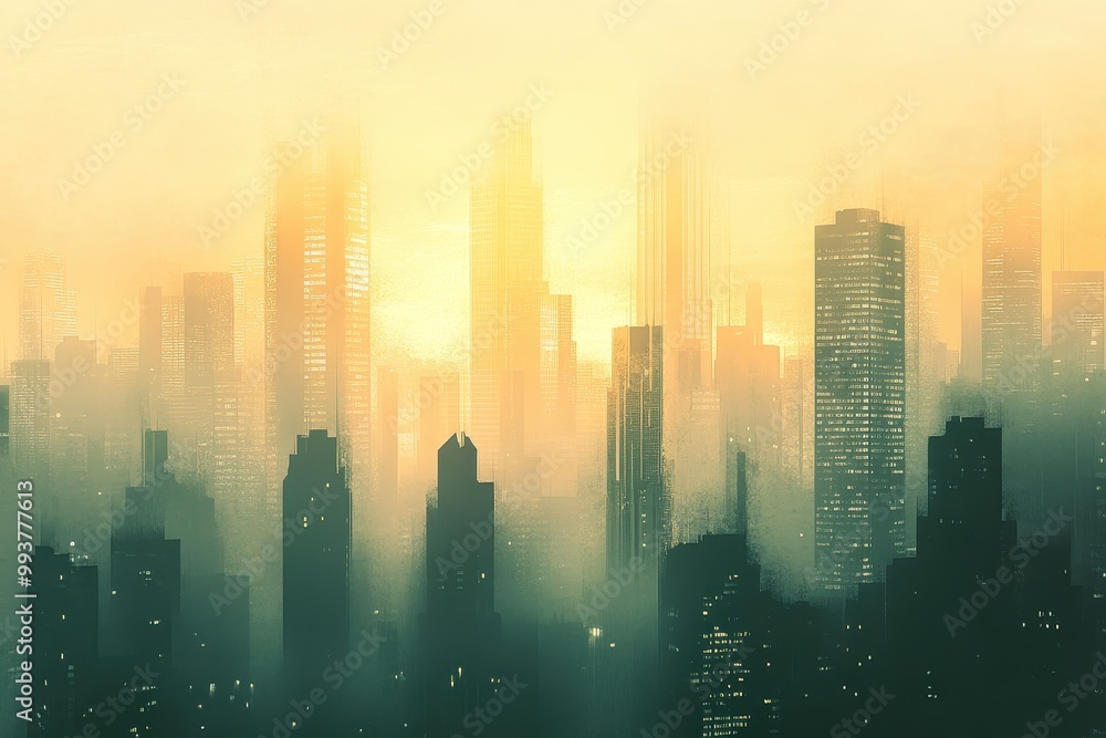 Cityscape Silhouette Against a Hazy, Golden Sky Cityscape Silhouette Against a Hazy, Golden Sky