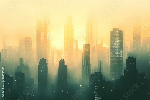 Cityscape Silhouette Against a Hazy, Golden Sky