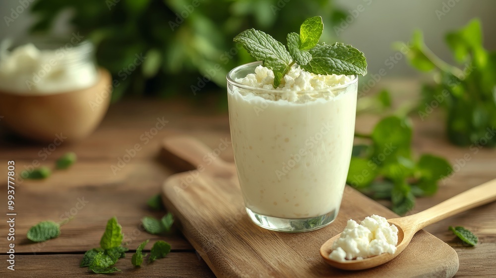 close-up of a glass of white kefir that has been enhanced with mint leaves. A wooden spoonful of kefir ferments on the cutting board.
close-up of a glass of white kefir that has been enhanced with mint leaves. A wooden spoonful of kefir ferments on the cutting board.