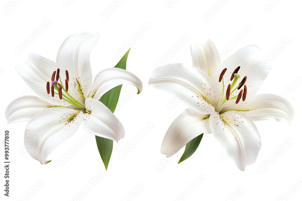 Beautiful white lilies with delicate petals and intricate stamen, perfect for nature-themed projects, transparent background. Beautiful white lilies with delicate petals and intricate stamen, perfect for nature-themed projects, transparent background.