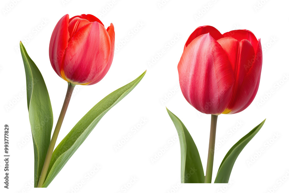 Fototapeta premium Beautiful red tulips with vibrant petals and lush green leaves, perfect for spring or floral themed designs, transparent background.