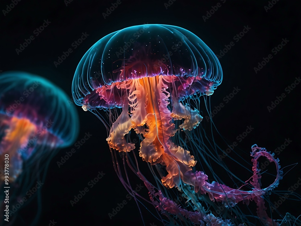 Artistic depiction of a vibrant neon jellyfish in the dark ocean. Artistic depiction of a vibrant neon jellyfish in the dark ocean.