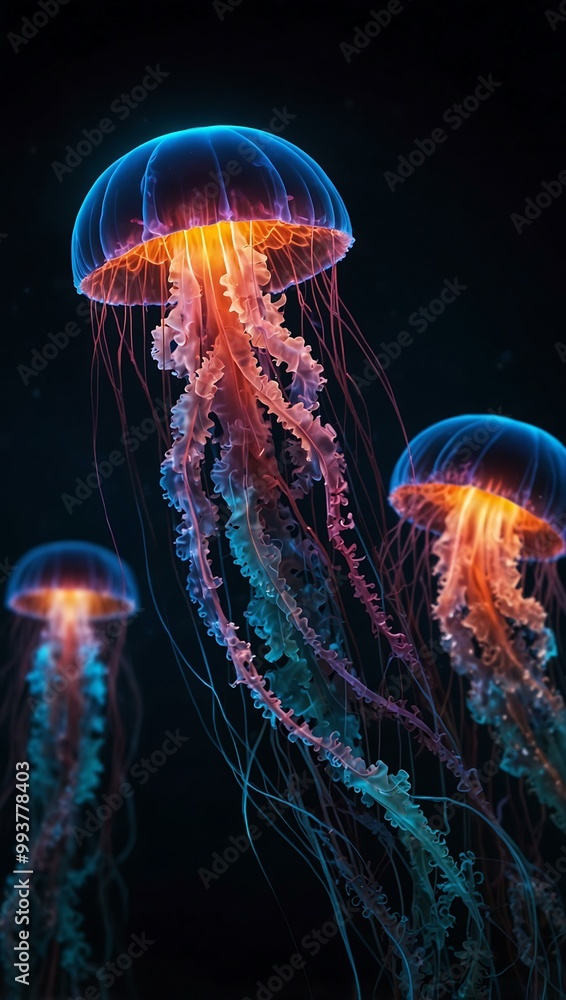 Artistic neon jellyfish in a dark ocean background. Artistic neon jellyfish in a dark ocean background.