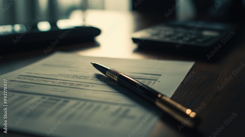 Elegant pen lying on invoice on wooden desk with calculator Elegant pen lying on invoice on wooden desk with calculator