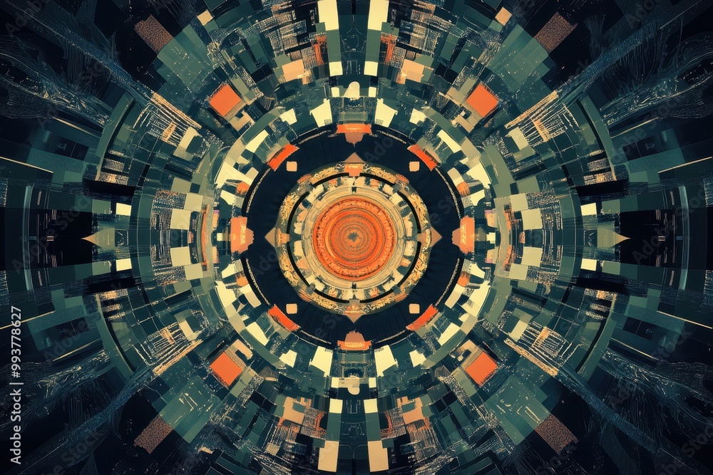 Fototapeta premium Abstract Geometric Pattern with Centered Circle and Orange, Beige, and Green Colors