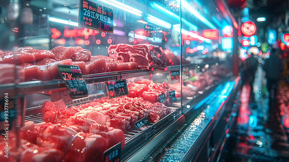 Meat aisle with various cuts displayed in a refrigerated grocery section. close-up of a meat fridge in a grocery store filled with various cuts of fresh meat various cuts of beef, pork and other meats Meat aisle with various cuts displayed in a refrigerated grocery section. close-up of a meat fridge in a grocery store filled with various cuts of fresh meat various cuts of beef, pork and other meats