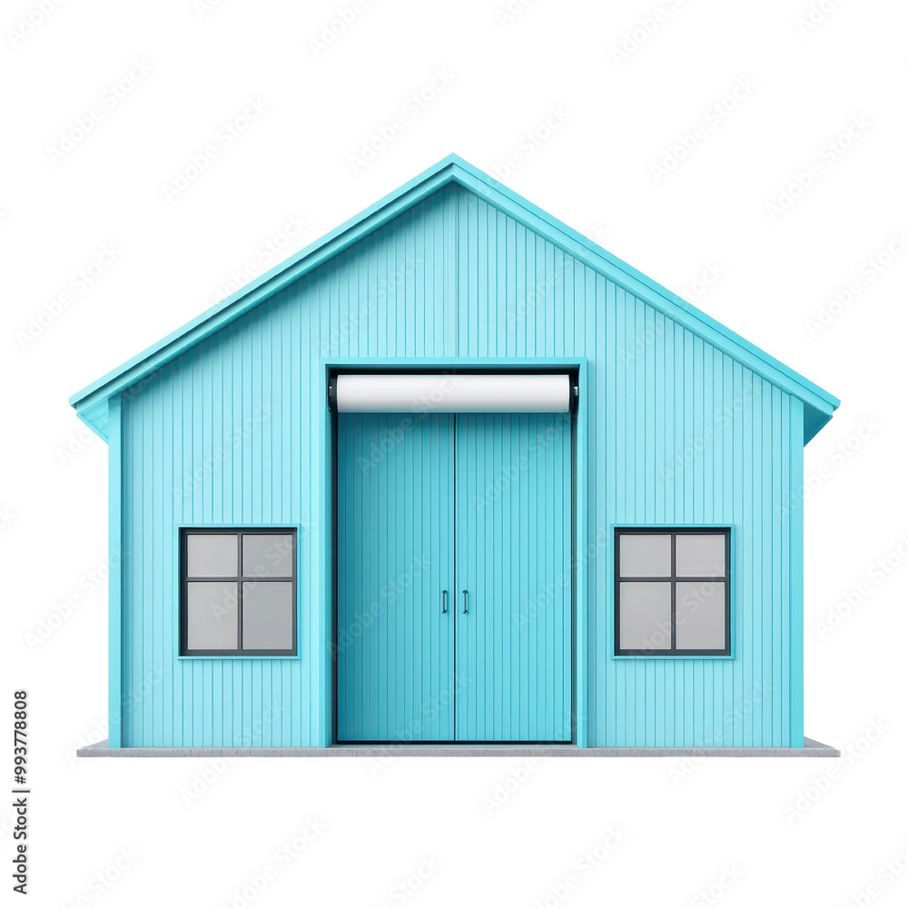 A vibrant blue storage shed with doors, ideal for gardening or tools, featuring large windows for natural light, transparent background. A vibrant blue storage shed with doors, ideal for gardening or tools, featuring large windows for natural light, transparent background.